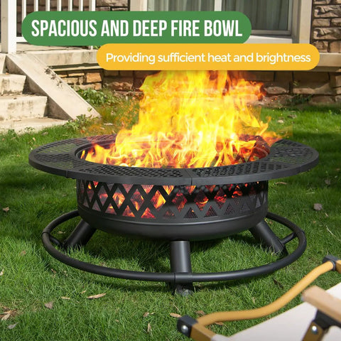 36 Inch Round Metal Fire Pit With Grill for outdoor yards and patios, 3 in 1 wood burning fire pit table with flames