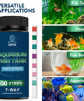 Ultimate 7 Way Aquarium Test Strips Fish Tank Water Test Kit For Freshwater And Saltwater Ponds 100 Count in front of various fish habitats.