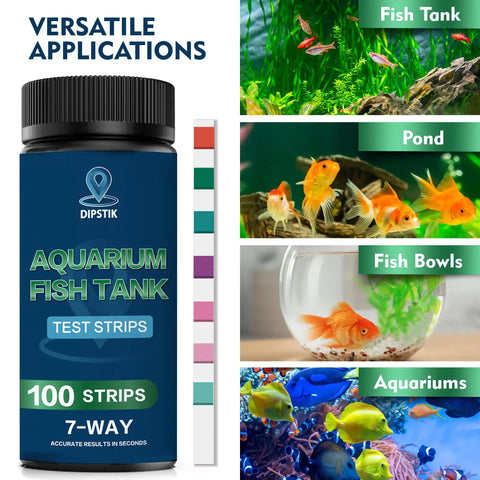 Ultimate 7 Way Aquarium Test Strips Fish Tank Water Test Kit For Freshwater And Saltwater Ponds 100 Count in front of various fish habitats.