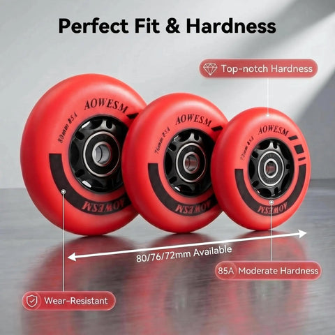 Inline Skate Wheels 76mm 85A With ABEC-9 Bearings And Spacers, 8 Pack, Red, showing three wheel sizes and durability icons.