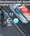 MFi Certified USB C Car Charger Fast Charge Kit with braided Type-C cable charging iPhone 15 in car at 4.8A speed