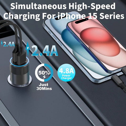 MFi Certified USB C Car Charger Fast Charge Kit with braided Type-C cable charging iPhone 15 in car at 4.8A speed