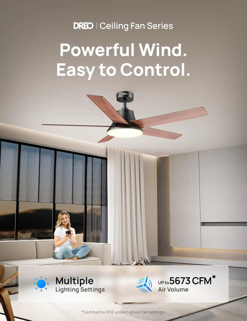 Next Level Smart Ceiling Fan With Lights 52 Inch Black For Smart Home Cooling installed in a modern living room setting