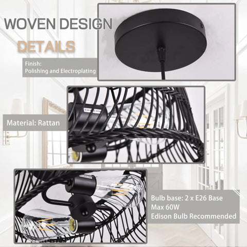Black Rattan Pendant Lights Drum Chandelier Dope Wicker Light Fixtures Ceiling Hanging Boho Bamboo Pendant Lamp For Bedroom Dining Room Kitchen Foyer Bulb Included Dimmable 2700K E26 With Adjustable 60 Inch Cord And 13.2 Inch Diameter close-up showing rattan material and bulb base details.