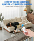 Hand holding remote for Plug In Remote Outlet Switch Wireless Control For Lamps And Lights No Wiring Needed, living room scene
