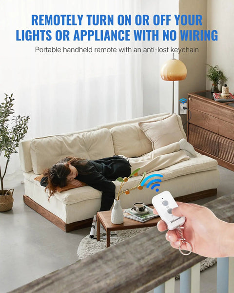 Hand holding remote for Plug In Remote Outlet Switch Wireless Control For Lamps And Lights No Wiring Needed, living room scene