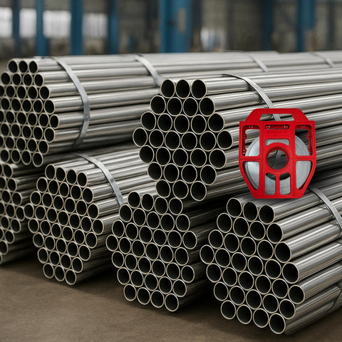 Heavy Duty Three Quarters Inch Stainless Steel Band Strap 0.030 Inch Thick, 201 Bright Annealed Finish, in red tote beside pipes