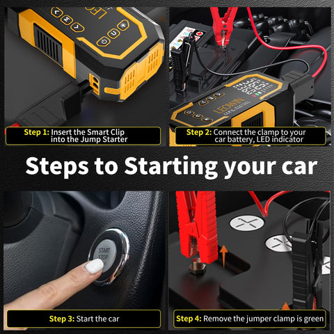 Steps using Beefy Go-To Portable Jump Starter With Air Compressor For Cars And Trucks, 1500A Peak Battery Booster, 4-panel image