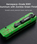 EDC Folding Pocket Knife With Rechargeable Flashlight 2 In 1 Button Lock D2 Steel Blade 400 Lumen Zombie Green closed view