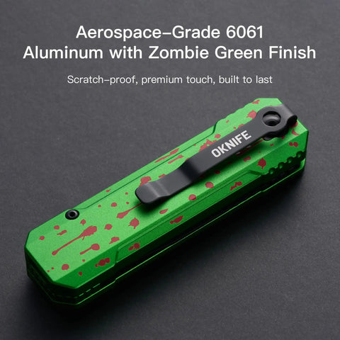 EDC Folding Pocket Knife With Rechargeable Flashlight 2 In 1 Button Lock D2 Steel Blade 400 Lumen Zombie Green closed view