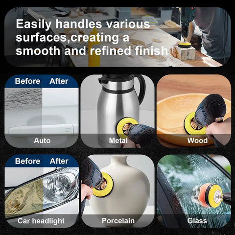 All In One 199 Piece 3 Inch Wet And Dry Sanding Disc Kit With Backer Plates Wool Pads And Polishing Pads used on various surfaces.