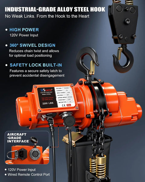 Rock Solid Electric Chain Hoist With Killer 2200 Lbs Capacity, 10 Ft Lift, And Smooth 120V Operation wired remote and safety features.