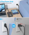 Ten Foot Extension Cord Power Strip With Eight Widely Spaced Outlets And Six USB Ports Including One USB C Flat Plug For Tight Spaces And Easy Under Desk Setup 45 Degree Plug Desktop Travel Home Office Black shown behind sofa with laptop and tablet charging