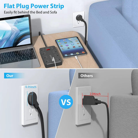 Ten Foot Extension Cord Power Strip With Eight Widely Spaced Outlets And Six USB Ports Including One USB C Flat Plug For Tight Spaces And Easy Under Desk Setup 45 Degree Plug Desktop Travel Home Office Black shown behind sofa with laptop and tablet charging
