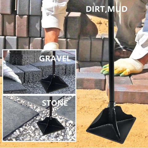 48 Inch Steel Tamper With Long Handle 8 By 8 Inch Garden Yard Tamper on dirt, gravel, and stone surfaces with focus on durability.