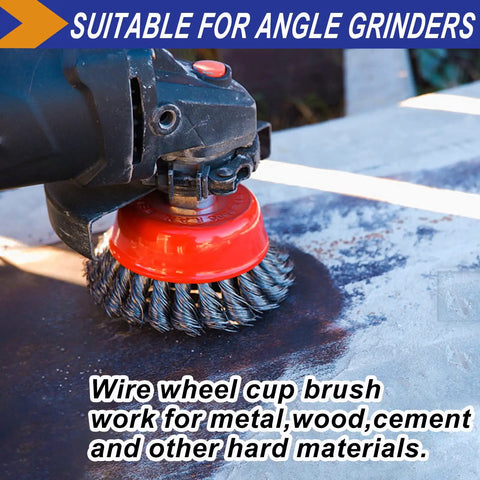 4 Inch Wire Wheel Set For Angle Grinders, 3 Pack With Five Eighth Inch Eleven Threaded Arbor, close-up on surface