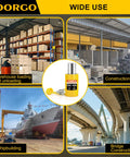 TOORGO 10-ton yellow hydraulic bottle jack with 2-inch stroke; center product image.