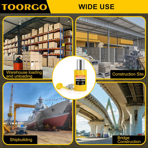TOORGO 10-ton yellow hydraulic bottle jack with 2-inch stroke; center product image.
