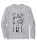 Premium Fit Long Sleeve Shirt Featuring A Dope Tuk Tuk Rickshaw And Vintage Italian Scooter Travel Print, grey cotton fabric.