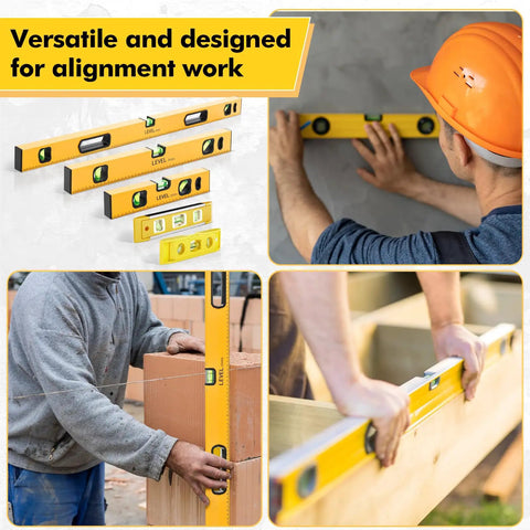 Heavy Duty Five Piece Magnetic Torpedo Level Set Offering Pro Grade Accuracy Down To.0005 Inches Per Foot For Rock Solid Framing And Diy Builds With No Sweat Setup And Quick View 45 90 180 Degree Bubbles In Classic Yellow Tool Steel