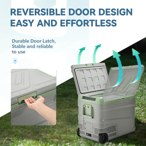 Massive 58 Qt Portable Car Refrigerator And Electric Cooler With 12V Plug showcasing reversible door design for easy access.