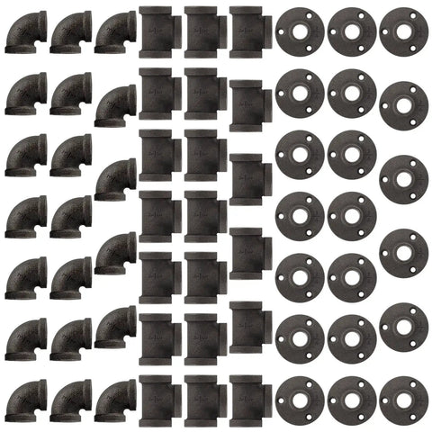 60 Pack Three Quarter Inch Cast Iron Pipe Fittings Set With Elbows Tees And Flanges For Threaded Black Pipe Projects Heavy Duty Industrial