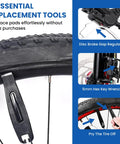 4 Pairs Bike Disc Brake Pads With Installation Toolkit, high performance organic resin copper fiber pads, showing replacement tools