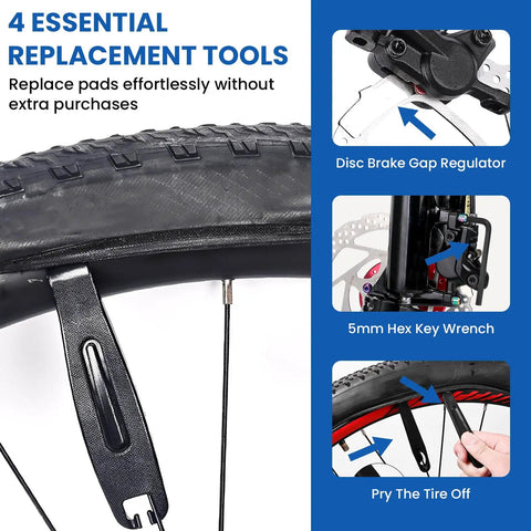 4 Pairs Bike Disc Brake Pads With Installation Toolkit, high performance organic resin copper fiber pads, showing replacement tools