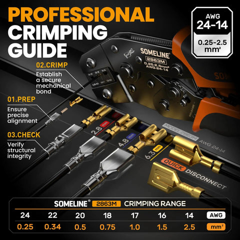 Open Barrel Spade Connector Crimping Tool Kit for 24-14 AWG with connector types and quick disconnects, ergonomic design