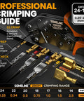 Close-up of All In One Wire Terminal Crimping Tool Kit with Auto Ratchet, terminals, and usage guide for 24-14 AWG.