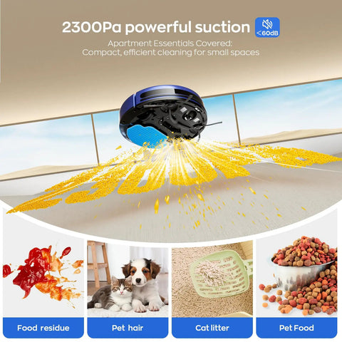 2-In-1 Robot Vacuum And Mop Combo Ultra Slim 2.87 Inches With 2300Pa Suction cleaning food residue, pet hair, and cat litter
