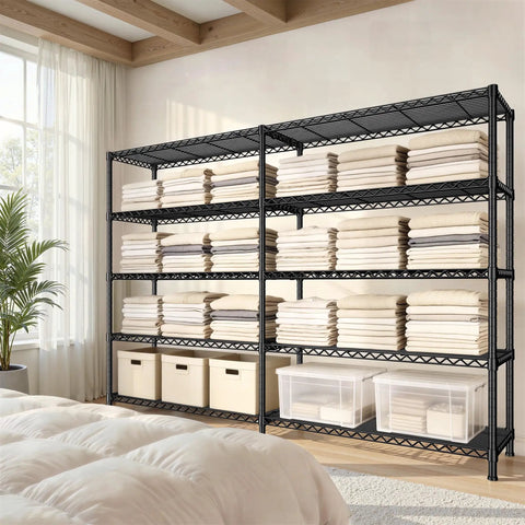 Beefy Heavy Duty 5 Tier Wire Shelving Unit, 73 Inch Wide, 71 Inch High, 17.7 Inch Deep, Garage Storage Solution, Commercial Grade Steel Shelves Holds Up To 1650 Lbs, Extra Wide Organization Rack, Easy Assembly, loaded with folded linens