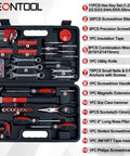 Open toolbox showing Heavy Duty 146 Piece Home Tool Kit With Hammer Pliers Wrenches Tape Measure Screwdrivers Sockets And Hex Keys