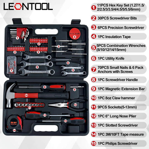 Open toolbox showing Heavy Duty 146 Piece Home Tool Kit With Hammer Pliers Wrenches Tape Measure Screwdrivers Sockets And Hex Keys