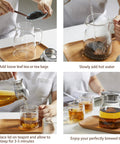 One Touch Glass Teapot 27 Oz 800 Ml Glass Tea Kettle with Stainless Steel Filter Lid in use, showing steps to make loose leaf tea.