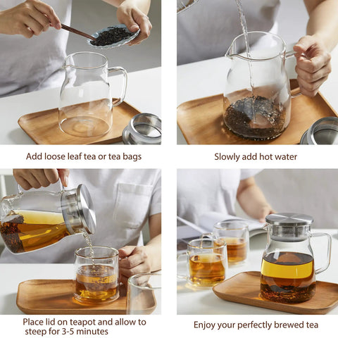 One Touch Glass Teapot 27 Oz 800 Ml Glass Tea Kettle with Stainless Steel Filter Lid in use, showing steps to make loose leaf tea.