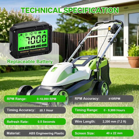 Digital Tachometer For Small Engines With LCD RPM Meter Hour Meter Waterproof Pulse Tach Replaceable Battery Boss For Lawn Mowers Dirt Bikes Boats Marine And UTVs 0 To 18,000 RPM Two Mode And Up To 36,000 RPM Three Mode Alarm Memory Auto Sleep