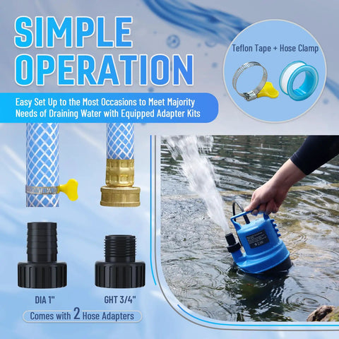 Person holding 1/3 HP Submersible Water Pump Portable Sump Pump 2000 GPH for pool covers, hose adapters visible, blue, easy operation