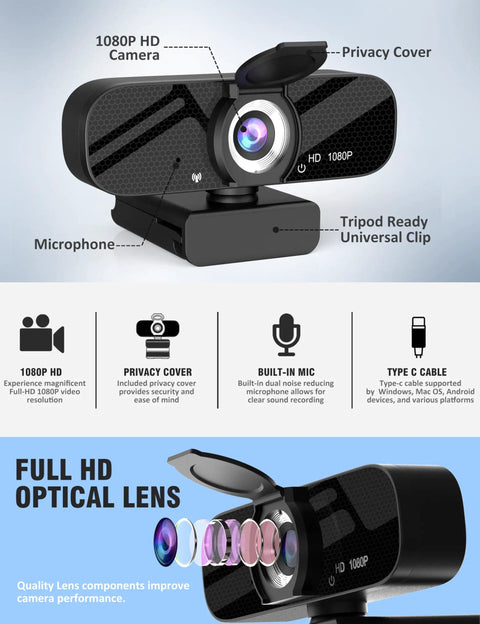 Top Shelf 1080P HD Webcam With Snappy Internal Audio Mic And Sturdy Swivel Stand, Ultra Clear Wide Angle Lens With Privacy Shutter, Matte Black Edition with microphone and privacy cover.