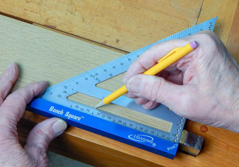 Using 7 Inch Stainless Steel Bench Square with Aluminum Base for marking precise angles, featuring laser engraved measurements.