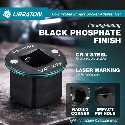 Low Profile Impact Socket Adapter Set with black phosphate finish, CR-V steel, laser marking, includes 3/4 inch adapter.