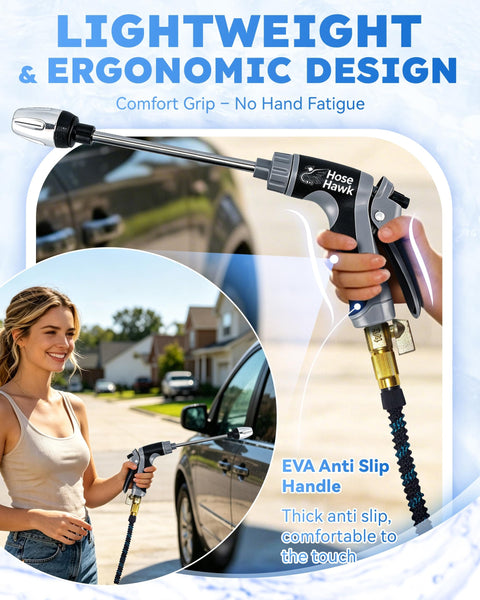 Pro Pressure Washer Gun With Foam Pot, Easy Install Complete Kit held by woman, used for washing car outdoors