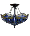 Sunniva Dragonfly Tiffany-Style Two-Light Dark Bronze Semi-Flush Ceiling Fixture With Handcrafted Stained Glass Shade, 16-Inch