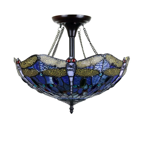 Sunniva Dragonfly Tiffany-Style Two-Light Dark Bronze Semi-Flush Ceiling Fixture With Handcrafted Stained Glass Shade, 16-Inch