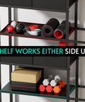 Versatile Sturdy Adjustable 4 Tier Home Gym Storage Rack Featuring Strong Steel Frame And Soft Drawer Top For Organizing Dumbbells and gear on shelves.