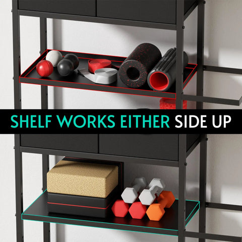 Versatile Sturdy Adjustable 4 Tier Home Gym Storage Rack Featuring Strong Steel Frame And Soft Drawer Top For Organizing Dumbbells and gear on shelves.