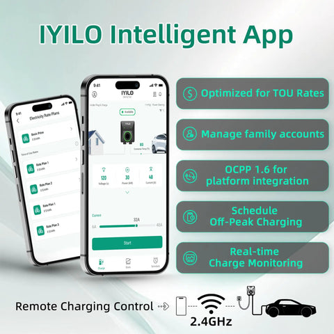 IYILO Intelligent App interface for Level 2 EV Charger With Energy Meter 11.5kW 48A J1772 Wall Mount Charger, app features displayed