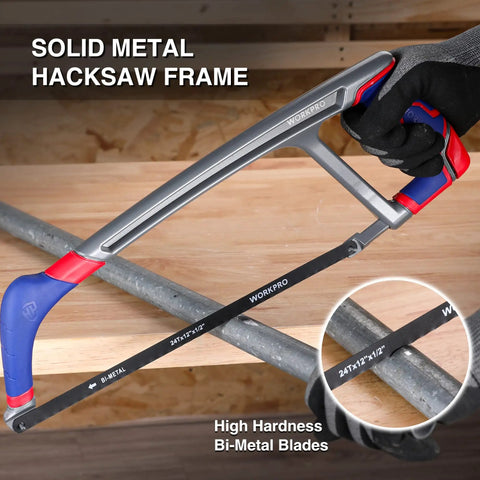 12 Inch Hacksaw With Extra Bi-Metal Blades, Heavy Duty Aluminum Frame, Adjustable 45 And 90 Degree Angles, Easy Blade Change