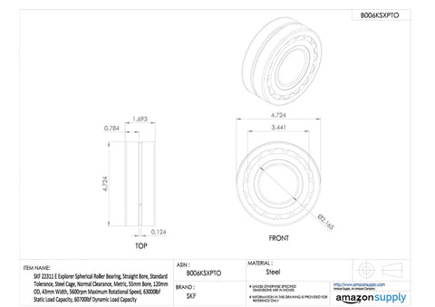 Heavy Duty Spherical Roller Bearing 55mm Bore 120mm OD Steel Cage detailed engineering diagram view.