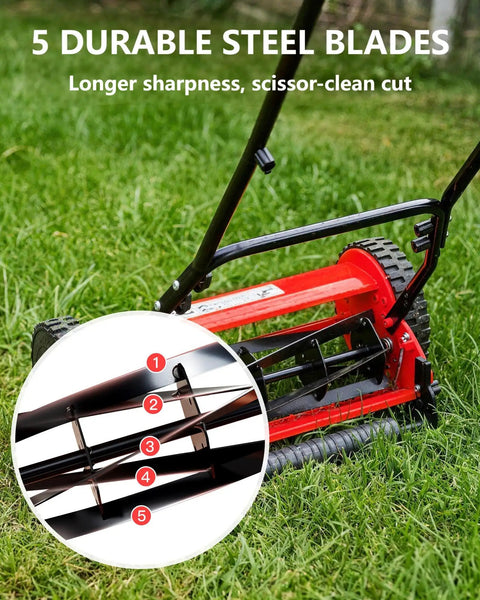 14 Inch Hand Push Reel Lawn Mower For Small To Medium Yards No Fuss Manual Cut With Precise Scissor Like Blades And Adjustable Height Settings For A Clean Healthy Lawn, 5 steel blades